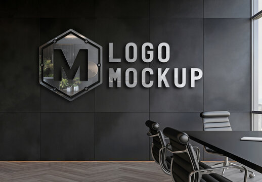 3D Logo Mockup On Black Office Wall. Generative Ai