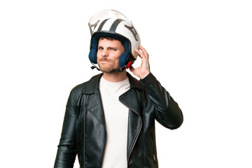 Brazilian man with a motorcycle helmet over isolated chroma key background having doubts