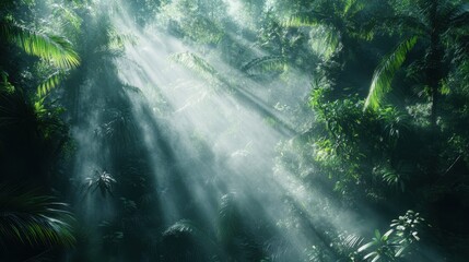 Obraz premium Lush green rainforest with mist rising between the trees, sunlight filtering through the dense foliage