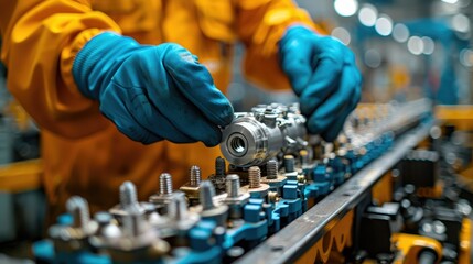 Close-up view of a mechanic assembling precision components in a workshop during the day