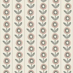 Neutral daisy flower vector seamless pattern background. Geometrical vertical floral backdrop with flowers and thin stripes Botanical repeat for garden, gender neutral baby.Farmhouse scandi style