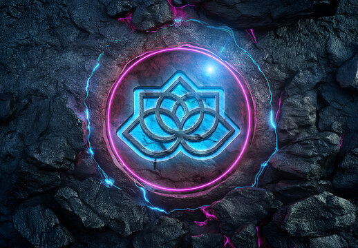 Blue And Pink Glowing Logo Mockup Carved In a Dark Stone. Generative Ai