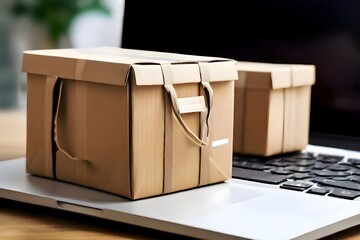 Shopping box on laptop, Online shopping. Cardboard box with a shopping cart logo in a trolley on a laptop keyboard payment by credit card and offers home delivery.