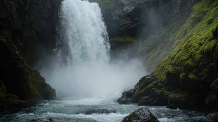 Obraz premium Close-up of a powerful waterfall plunging into a deep pool, surrounded by moss-covered rocks and mist