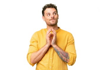 Brazilian man over isolated chroma key background scheming something