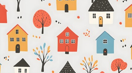 Colorful Houses and Trees Seamless Pattern