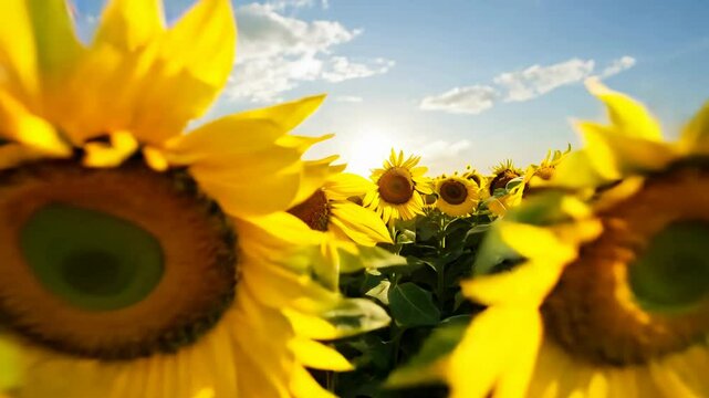 Fly-through, high speed video of flying through a field of sunflowers. Camera bobs and weaves through the flowers, creating a sense of immersion.