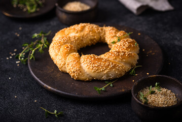 Traditional Turkish bagel simit with sesame