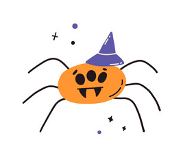 Halloween cute spider with hat isolated on white background. Abstract autumn holiday scary insect. Vector flat hand drawn illustration