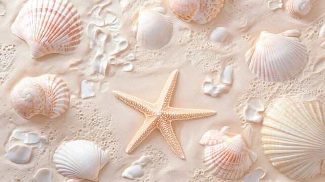 Seashells and Starfish on Beach Sand Background