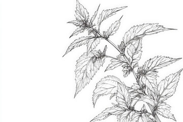 Obraz premium Detailed illustration of a branch growing with leaves extending outwards in black and white