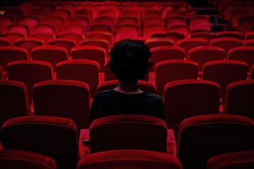 Obraz premium A man sits in a red chair in a theater, generative ai image