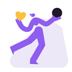 Flat vector illustration of a woman, playfully holding two abstract items in hands. Full body character for choosing easily heart and abstract circle. Choice between options