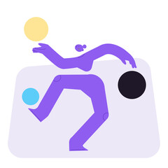 Flat vector illustration of a woman, jugging with abstract items. Work and task overload concept. Overwhelmed full body character loosing balance and control over a situation.