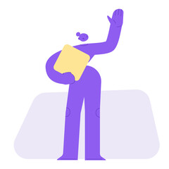 Flat vector illustration of a woman, friendly waving and holding an abstract item. Welcoming new customers, greeting viewers and saying hello. Saluting newcomers. Abstract female character