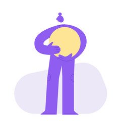 Flat vector illustration of a woman, carefully holding a big round item. Caring, loving, giving attention concept. Full body abstract female character, having concerns.