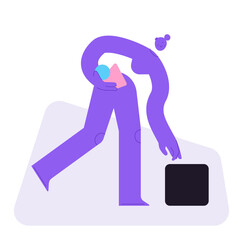 Flat vector illustration of abstract female, holding different items in hands and picking another one up. Full body character for choosing between options, management and multitasking. 