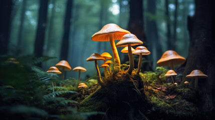 Fototapeta premium Small glowing mushrooms against a forest background