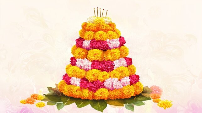 Happy Bathukamma Greetings In Telugu language Typography. Abstract Yellow Traditional floral Background