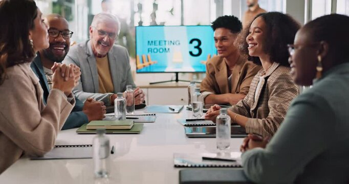 Business people, meeting and boardroom for ideas discussion, team planning and project review. Staff, creativity unity and together for growth development on agenda, speaking and proposal feedback