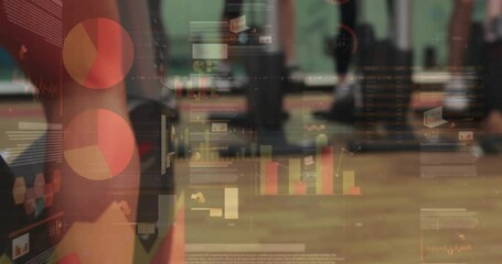 Animation of financial data processing over diverse people exercising at gym - Powered by Adobe