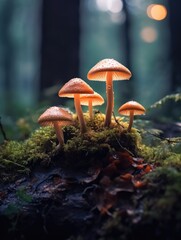 Fototapeta premium Small glowing mushrooms against a forest background