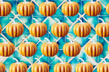 Colorful pattern made of vibrant artificial pumpkins sealed with plastic bungs, on a blurred background resembling beautiful old weathered light-blue, cyan tiles.  