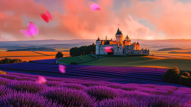 A fairy-tale-like landscape featuring a majestic castle perched on a hill overlooking vibrant fields of lavender, with a golden-hued sky and floating pink and red objects.