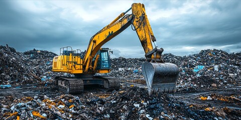 Powerful Construction Excavator in a Massive Junkyard on an Overcast Day