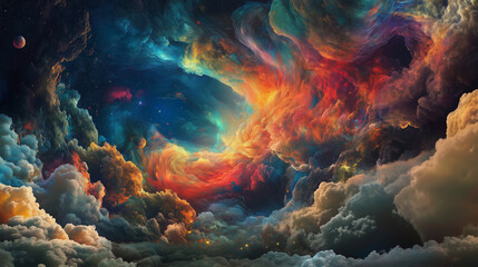 Fototapeta premium Planeta o fantastycznych krajobrazach, z wirującymi chmurami w odmiennych, żywych barwach, zapewnia nieziemską scenerię. 