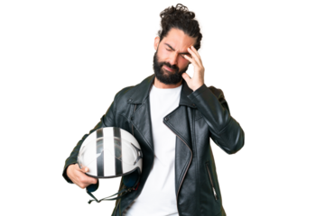 Young man with beard with a motorcycle helmet over isolated chroma key background with headache