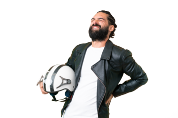 Young man with beard with a motorcycle helmet over isolated chroma key background suffering from backache for having made an effort