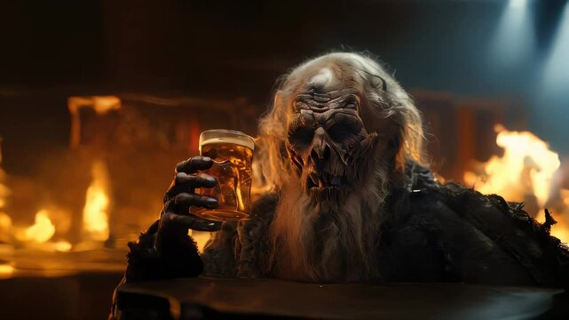 Tired demon enjoining a glass of beer in hell