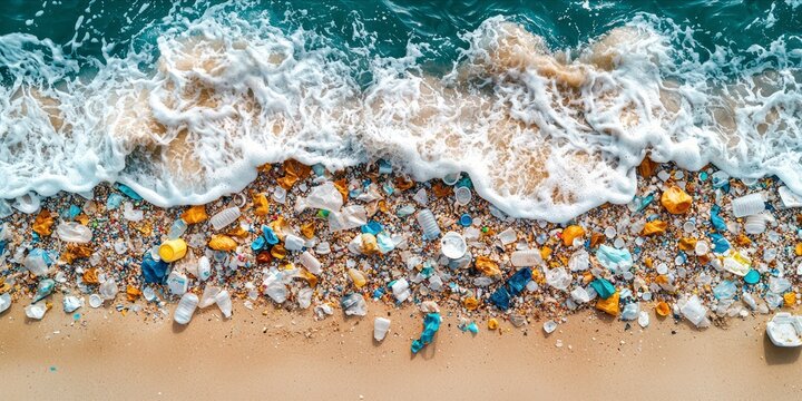 Pollution Crisis: Plastic Waste Littering Coastal Waters Along Sandy Beaches