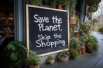 Chalkboard in front of a shop reading "Save the Planet, Skip the Shopping," representing eco-consciousness and anti-consumerism. Suitable for Buy Nothing Day and Make Friday Green Again
