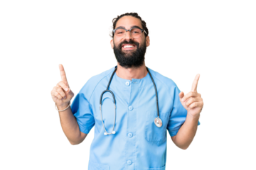 Young doctor man over isolated chroma key background pointing up a great idea