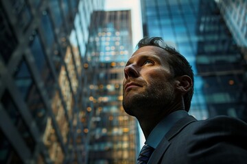 a man in a suit looking up into the sky
