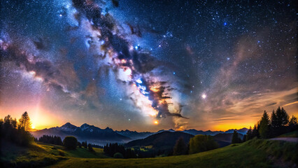 Naklejka premium The Milky Way’s vibrant colors streak across the sky over mountains and forests, with a glowing horizon adding warmth to the celestial beauty