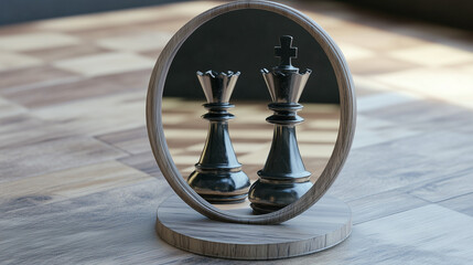 Fototapeta premium Trójwymiarowa scena ukazuje pionka szachowego spoglądającego na swoje odbicie w lustrze, które zmienia się w wizerunek króla. 