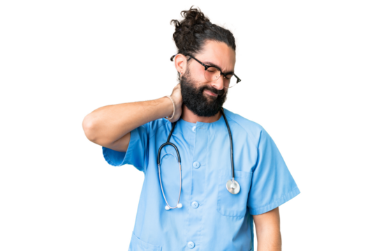 Young doctor man over isolated chroma key background with neckache