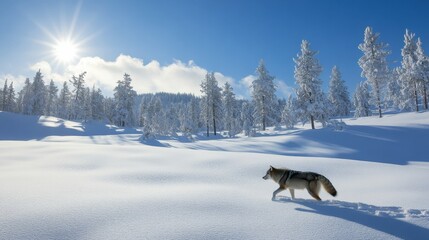 Snow-covered landscape with a lone wolf tracking through the snow under the pale winter sun