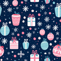 Vector illustration of a seamless Christmas pattern featuring gift boxes, Easter eggs, and snowflakes. The design uses a color palette of light blue, white, pink, and dark navy blue. 