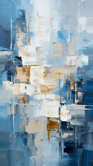 An abstract oil painting on a large canvas, created with palette knives of various sizes. The composition features a blend of cool, 