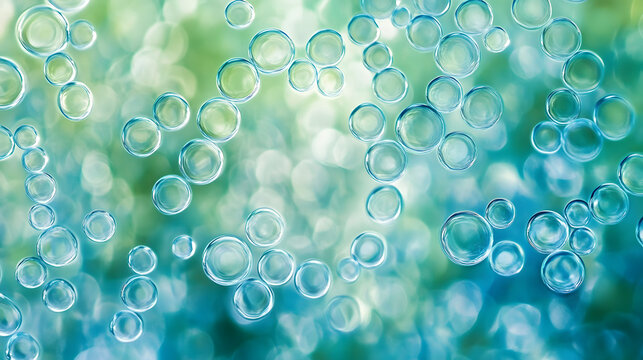 A minimalist design featuring s of tiny bubbles in cool tones of blue and green. The bubbles are arranged in an asymmetrical pattern giving a modern and artistic twist to the cellula