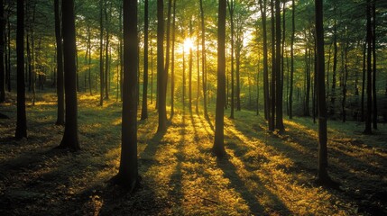 Obraz premium Golden sunlight streaming through the trees in a dense forest, casting long shadows on the forest floor