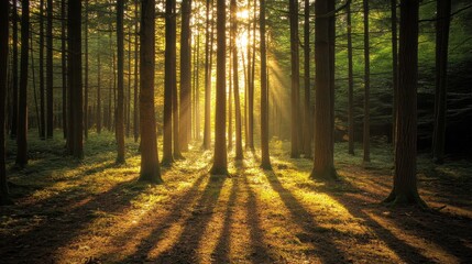 Fototapeta premium Golden sunlight streaming through the trees in a dense forest, casting long shadows on the forest floor