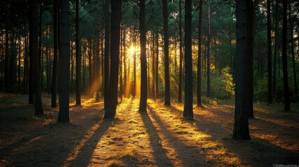 Fototapeta premium Golden sunlight streaming through the trees in a dense forest, casting long shadows on the forest floor