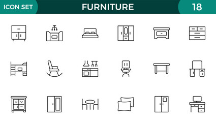 Furniture and home interior elements - thin line web icon set. Outline icons of kitchen, living room, bedroom and office collection.