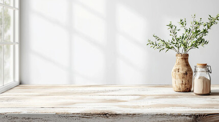 A wooden table with a vase and a jar on it