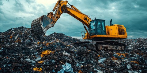 Heavy Machinery Cleaning Operation at a Vast Urban Landfill amidst a Cloudy Sky